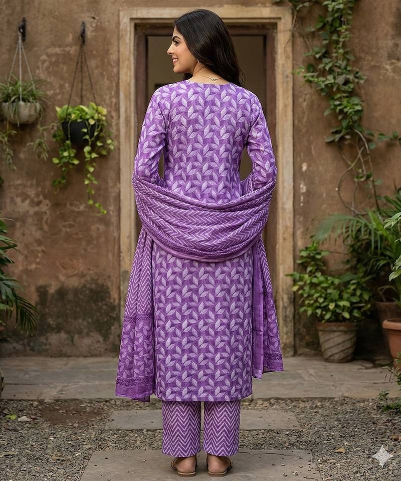 Anouk lavender printed pure cotton straight kurta set with dupatta