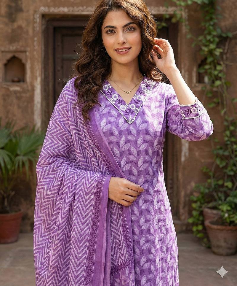 Anouk lavender printed pure cotton straight kurta set with dupatta