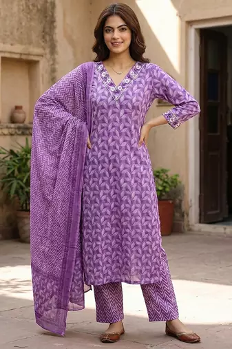 lavender printed pure cotton straight kurta set with dupatta