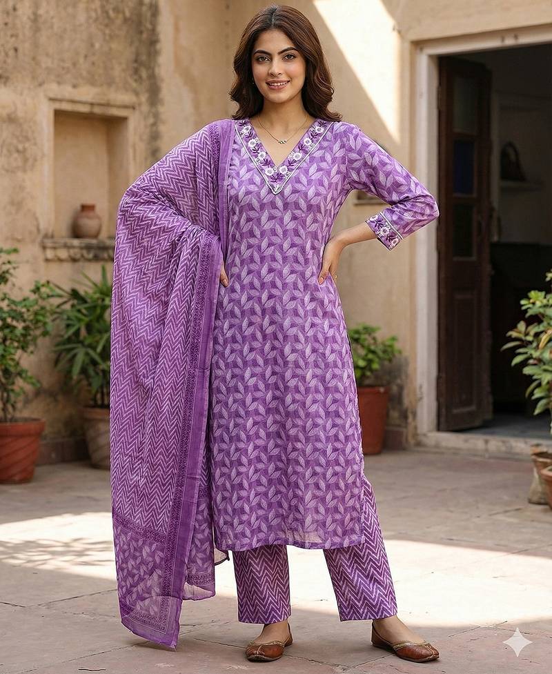 Anouk lavender printed pure cotton straight kurta set with dupatta