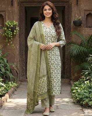 olive printed pure cotton straight kurta set with dupatta 1