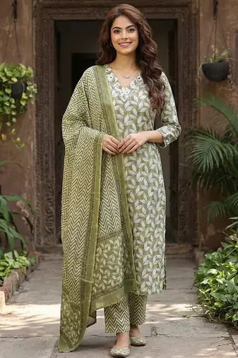 Anouk olive printed pure cotton straight kurta set with dupatta