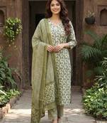 Anouk olive printed pure cotton straight kurta set with dupatta