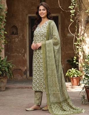 olive printed pure cotton straight kurta set with dupatta 2