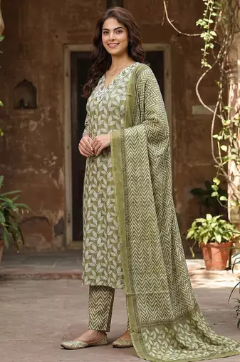 olive printed pure cotton straight kurta set with dupatta