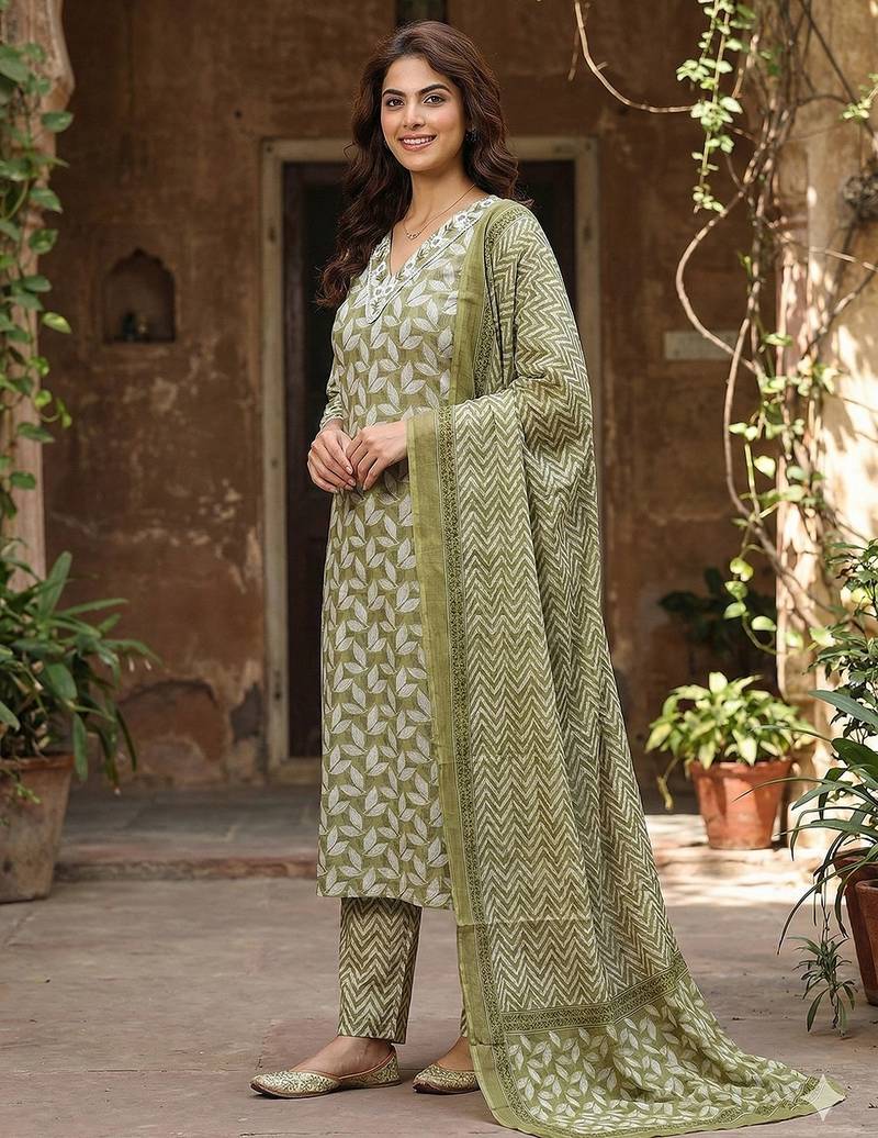Anouk olive printed pure cotton straight kurta set with dupatta