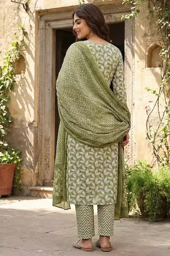 olive printed pure cotton straight kurta set with dupatta