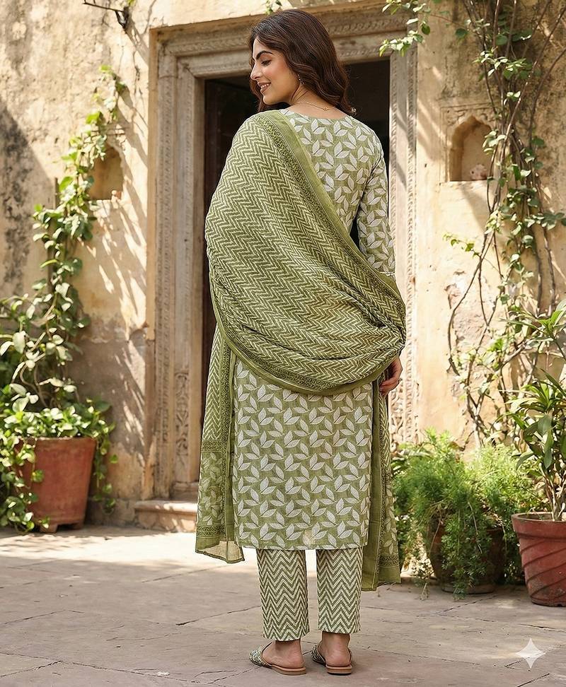 Anouk olive printed pure cotton straight kurta set with dupatta