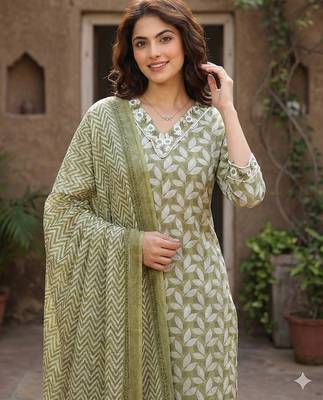 olive printed pure cotton straight kurta set with dupatta 4