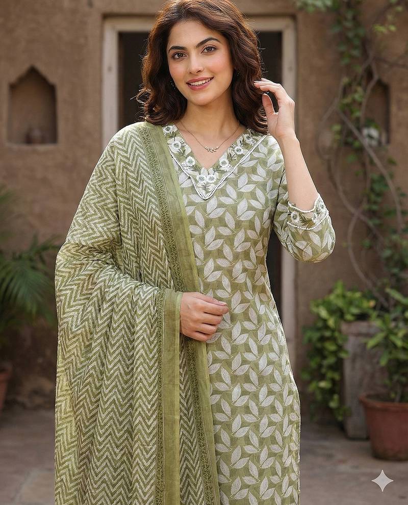 Anouk olive printed pure cotton straight kurta set with dupatta