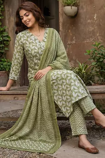 olive printed pure cotton straight kurta set with dupatta