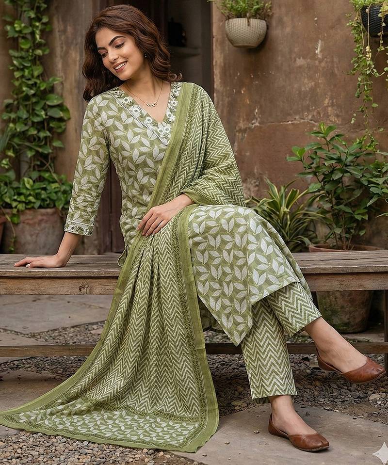 Anouk olive printed pure cotton straight kurta set with dupatta