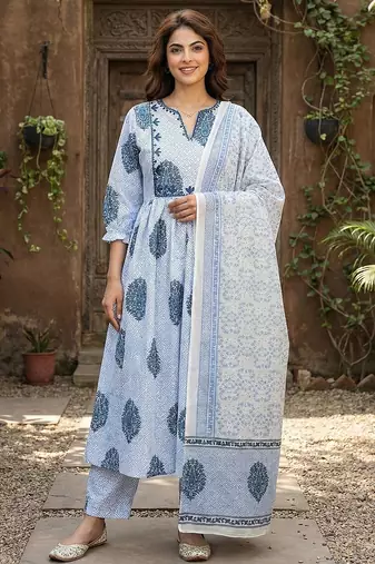 Anouk blue and white printed pure cotton anarkali kurta set with dupatta