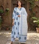 Anouk blue and white printed pure cotton anarkali kurta set with dupatta