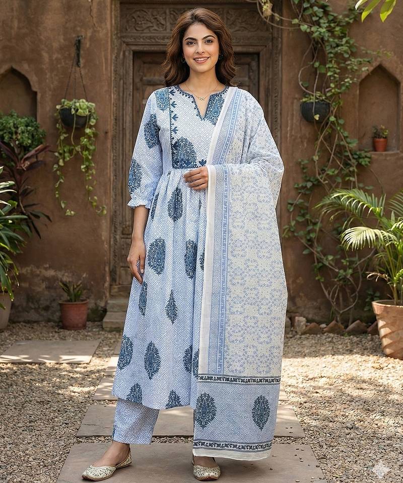 Anouk blue and white printed pure cotton anarkali kurta set with dupatta