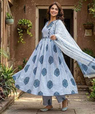 blue and white printed pure cotton anarkali kurta set with dupatta 2