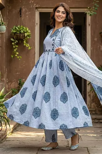 blue and white printed pure cotton anarkali kurta set with dupatta