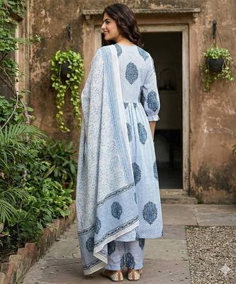 blue and white printed pure cotton anarkali kurta set with dupatta 3