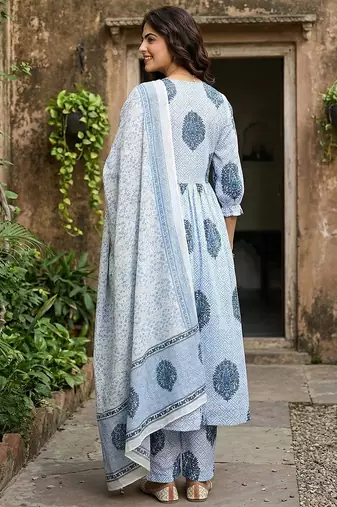 blue and white printed pure cotton anarkali kurta set with dupatta