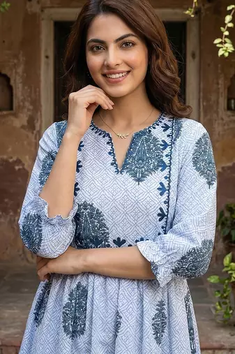 blue and white printed pure cotton anarkali kurta set with dupatta
