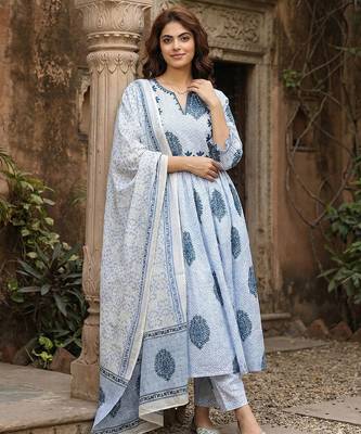 blue and white printed pure cotton anarkali kurta set with dupatta 5