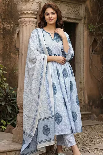 blue and white printed pure cotton anarkali kurta set with dupatta