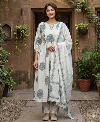grey and white printed pure cotton anarkali kurta set with dupatta 1