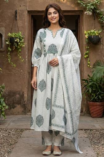 Anouk grey and white printed pure cotton anarkali kurta set with dupatta
