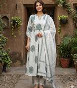 Anouk grey and white printed pure cotton anarkali kurta set with dupatta