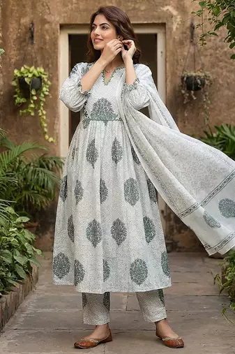 grey and white printed pure cotton anarkali kurta set with dupatta