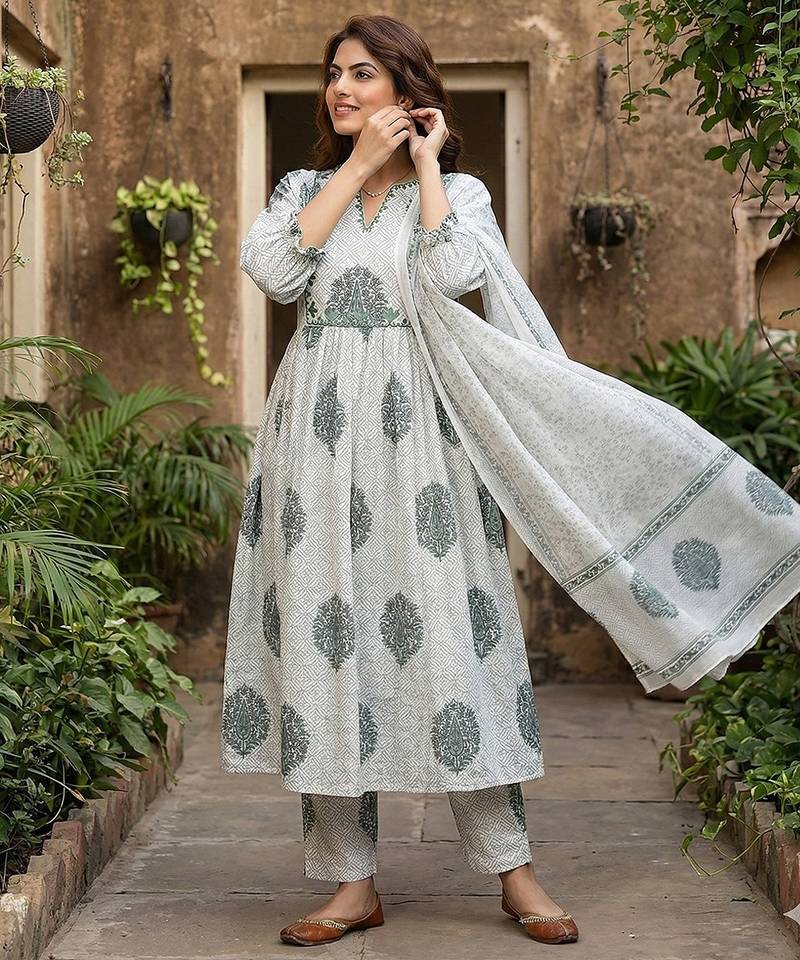 Anouk grey and white printed pure cotton anarkali kurta set with dupatta