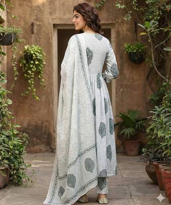grey and white printed pure cotton anarkali kurta set with dupatta 3