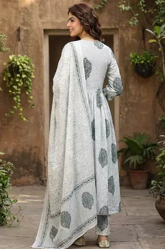 grey and white printed pure cotton anarkali kurta set with dupatta