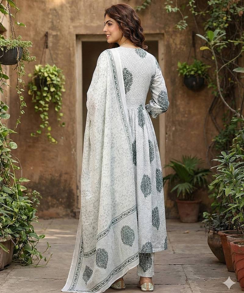 Anouk grey and white printed pure cotton anarkali kurta set with dupatta