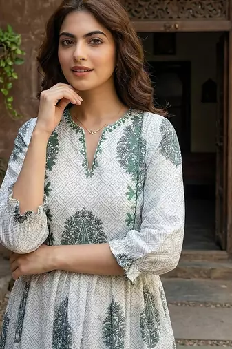 grey and white printed pure cotton anarkali kurta set with dupatta