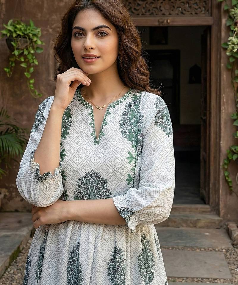 Anouk grey and white printed pure cotton anarkali kurta set with dupatta