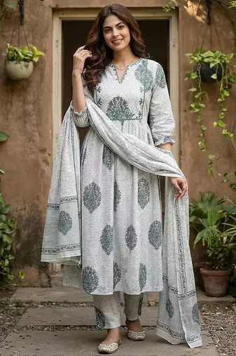 grey and white printed pure cotton anarkali kurta set with dupatta