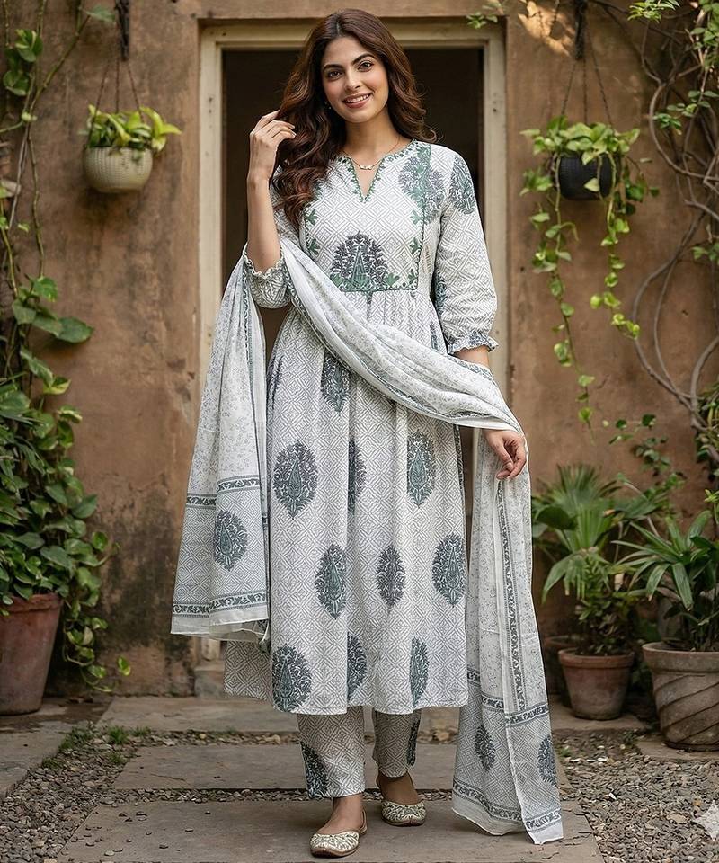 Anouk grey and white printed pure cotton anarkali kurta set with dupatta
