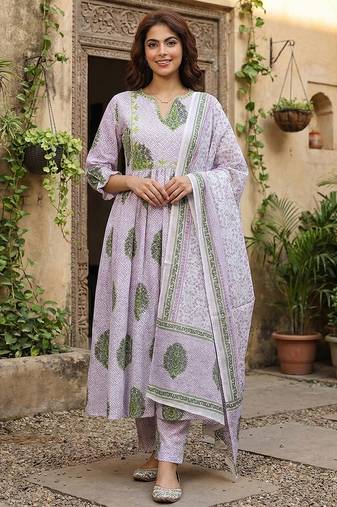 Anouk purple and white printed pure cotton anarkali kurta set with dupatta