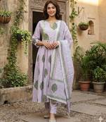 Anouk purple and white printed pure cotton anarkali kurta set with dupatta
