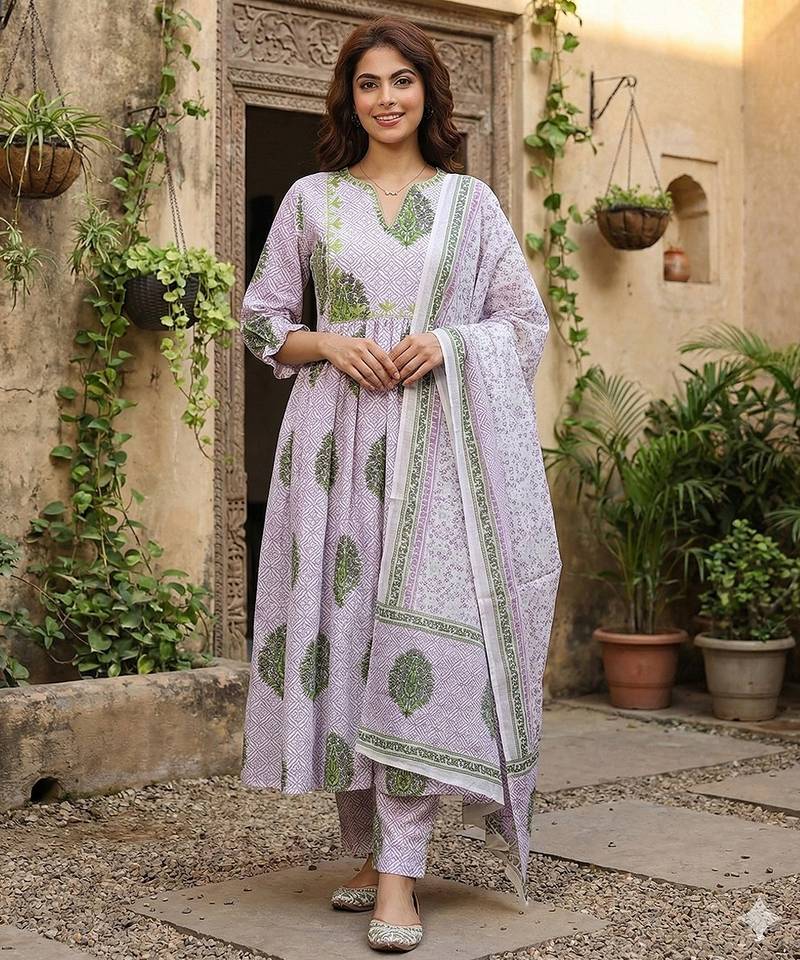 Anouk purple and white printed pure cotton anarkali kurta set with dupatta