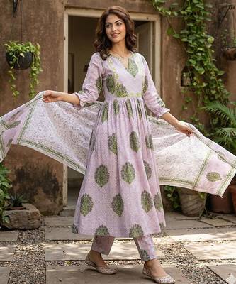 purple and white printed pure cotton anarkali kurta set with dupatta 2