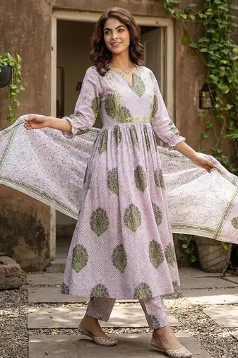 purple and white printed pure cotton anarkali kurta set with dupatta