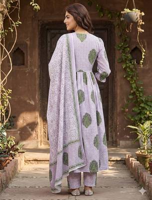 purple and white printed pure cotton anarkali kurta set with dupatta 3