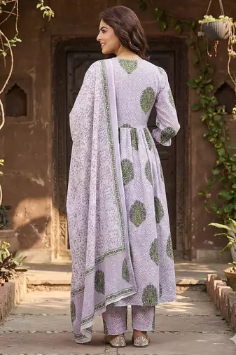 purple and white printed pure cotton anarkali kurta set with dupatta