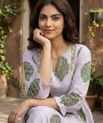 purple and white printed pure cotton anarkali kurta set with dupatta 4