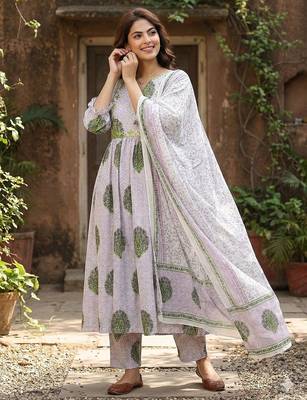 purple and white printed pure cotton anarkali kurta set with dupatta 5