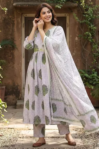purple and white printed pure cotton anarkali kurta set with dupatta