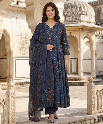 blue printed pure cotton floor-length anarkali kurta set with dupatta 1