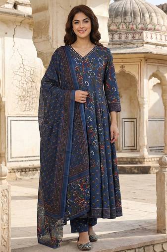 Anouk blue printed pure cotton floor-length anarkali kurta set with dupatta